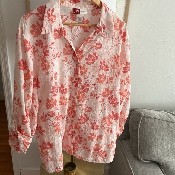 JM Collection Tops - Pink Floral Coastal Tropical Shirt Button Up Oversized Summer Size 16